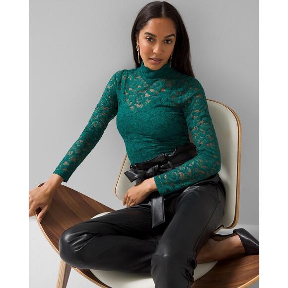 White House Black Market Tops - White House Black Market Green Lace Turtleneck Long Sleeve Shirt Size Women's XS